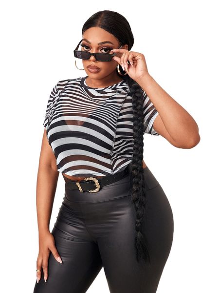 

sxy plus striped print sheer crop mesh p4jh#, Black