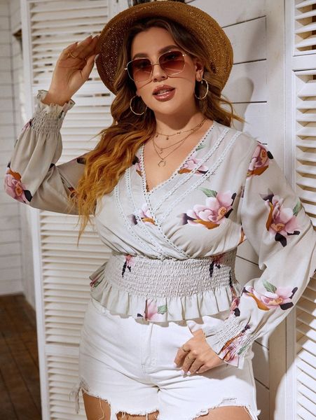 

plus floral print shirred blouse b9to#, Black
