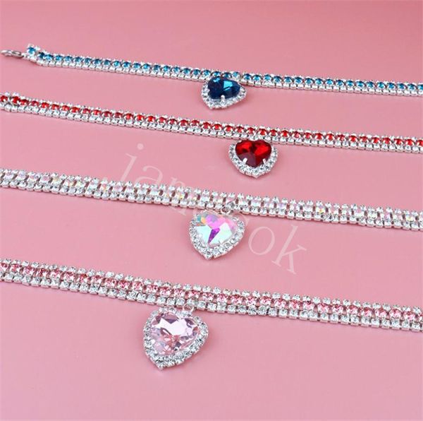 Haustierhalsband, Haustierkatzen- und Hundehalsbänder, Liebesherz-Anhänger, dreireihiges Diamant-Halsband für Hunde, DE428