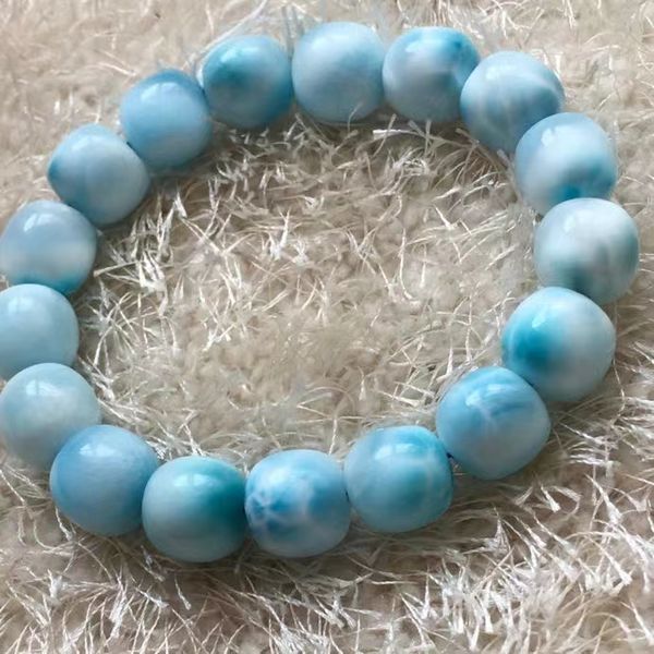 

natural blue larimar gemstone bracelet women 11mm barrel larimar stretch round beads bracelet water pattern jewelry aaaaaa, Silver