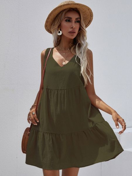 

solid v neck ruffle hem smock dress p5g8#, Black;gray