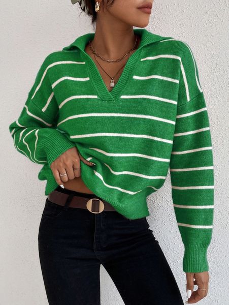

striped notched drop shoulder sweater g070#, White;black