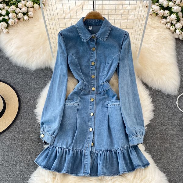 Herbst Hemd Hohe Taille Rüschen Langarm Vintage Kleider Frauen Kleidung Süße Mini Mädchen 2022 Frühling Plus Größe Denim Hemd mode