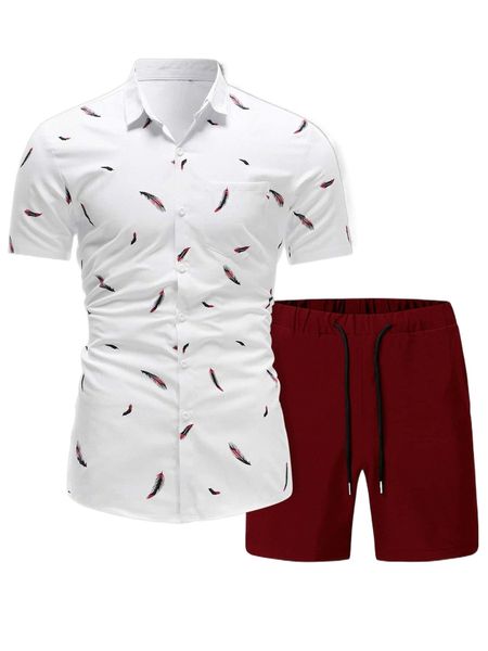 

men feather print shirt & drawstring waist shorts f09l#, Gray