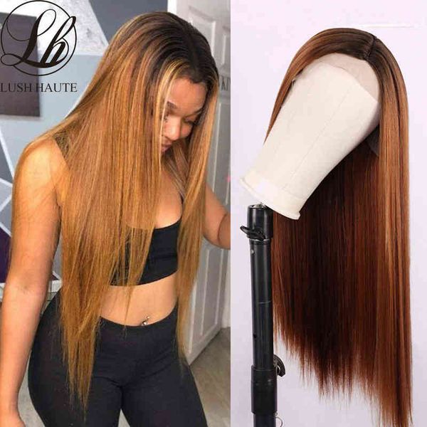 

synthetic 28 inch long straight lace wig 1b/30 brown ombre natural color middle part hair for women heat resistant 220705, Black