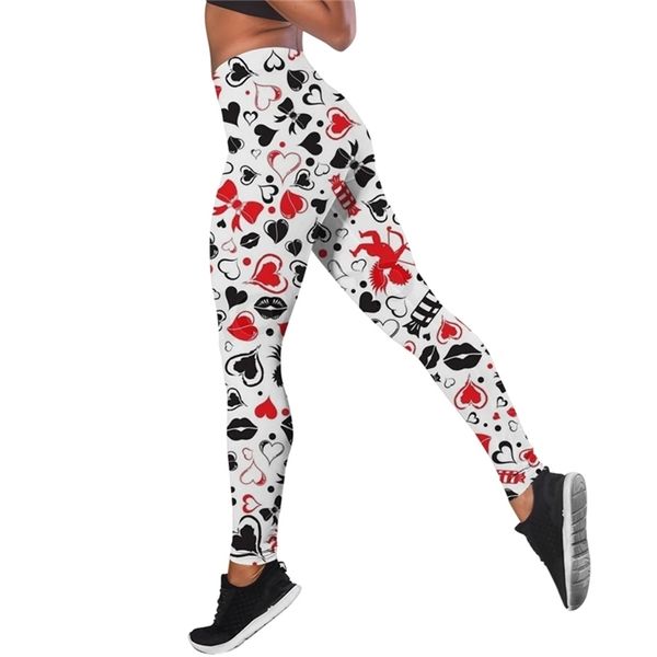 Frauen Leggings Pfirsich Herz Spielkarten Gedruckt Mittlere Taille Elastizität Legging für Weibliche Outdoor Jogging Jogginghose W220616