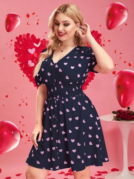 

plus heart print puff sleeve shirred dress v2md#, Black