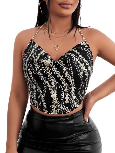 

geo print chain detail cowl neck crop halter j2fc#, White