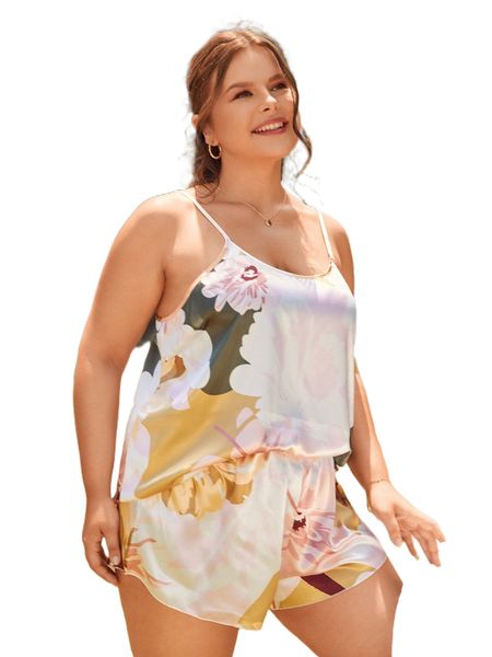 

plus floral print satin cami pj set a9q8#, Black;white
