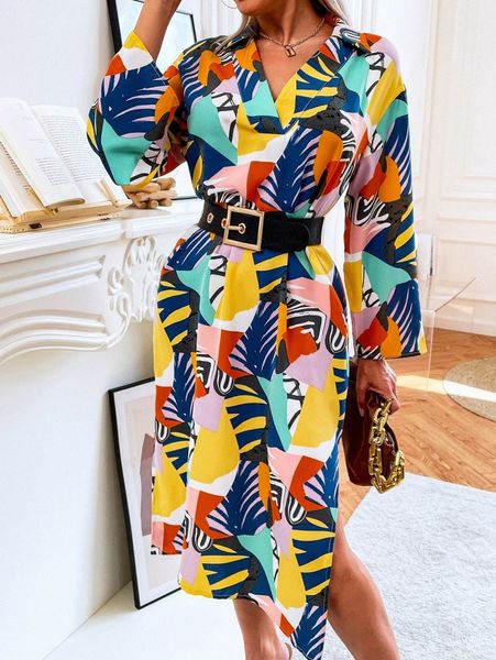 

graphic print split hem dress without belt r90r#, Black;gray