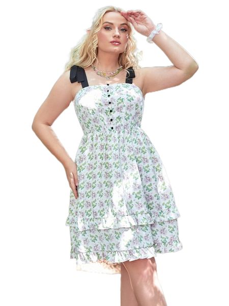 

plus allover floral print tie shoulder layered ruffle hem dress 247k#, Black