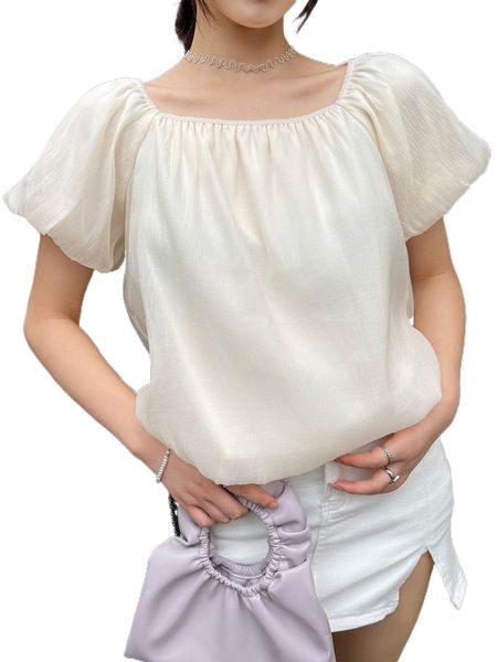 

dazy puff sleeve solid blouse 90p7#, White