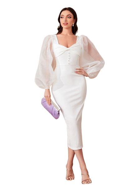 

ruched sweetheart neck contrast mesh lantern sleeve split back bodycon dress q8wy#, Black;gray