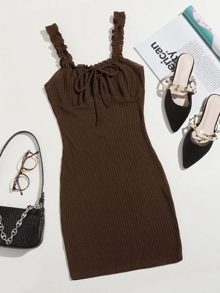 

frill trim strap knot front ruched bust dress d0l8#, Black;gray