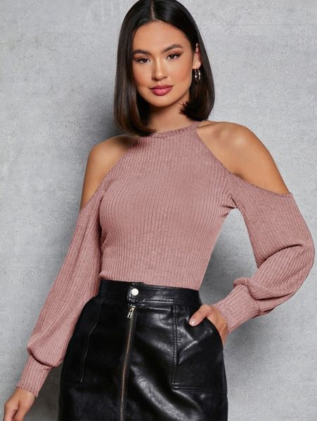 

cold shoulder rib-knit tee 78xl#, White