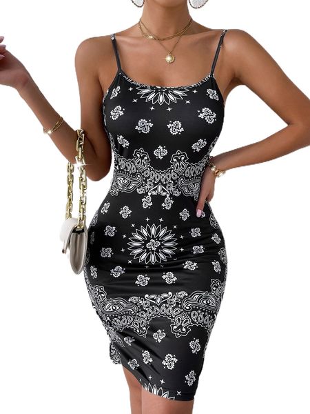 

random paisley print cami bodycon dress f7hl#, Black;gray