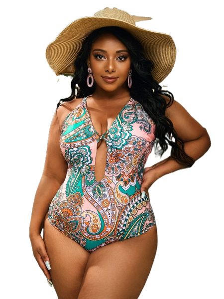 

plus floral & paisley print crisscross one piece swimsuit k7z5#, White;black