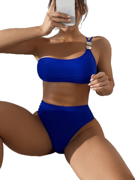 

plain one shoulder high waisted bikini swimsuit f5ja#, White;black
