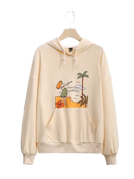 

x olinevod figure & floral graphic drop shoulder hoodie i936#, Black