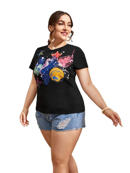 

plus coral & starfish print tee m5aq#, Black
