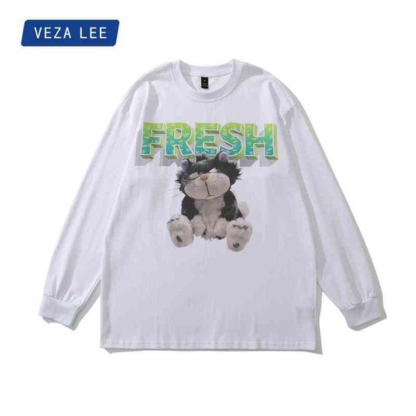 Veza x Tkpa T-shirt bianca a maniche lunghe da uomo autunno inverno coppia Cartoon Cat Print Pullover girocollo da uomo