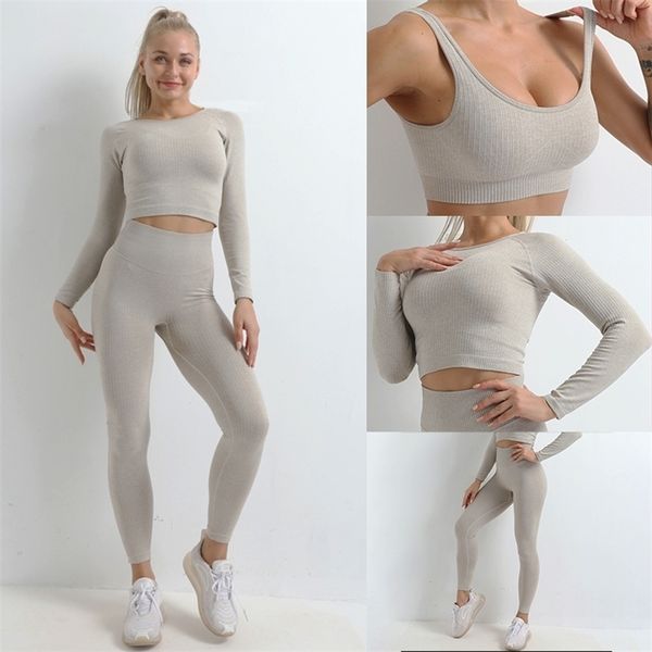 Mulheres Ginásio Set apertado manga longa elástica 2/3 pcs sólido esporte exercício respirável confortável yoga s roupas 220330