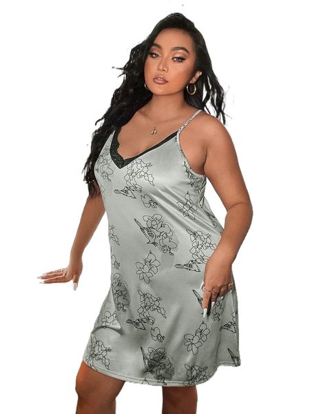 

plus floral print contrast lace neck cami nightdress 67hj#, Black;white