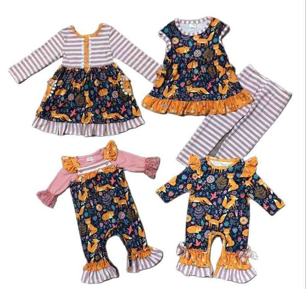 Girlymax Neonate Volpe Stampa floreale Pantaloni a righe Set Abito con volant Pagliaccetto Bambino Sorella Abbigliamento Family Look Abbigliamento per bambini AA220326