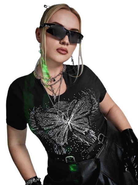 

plus butterfly print notch neck tee a5zp#, Black
