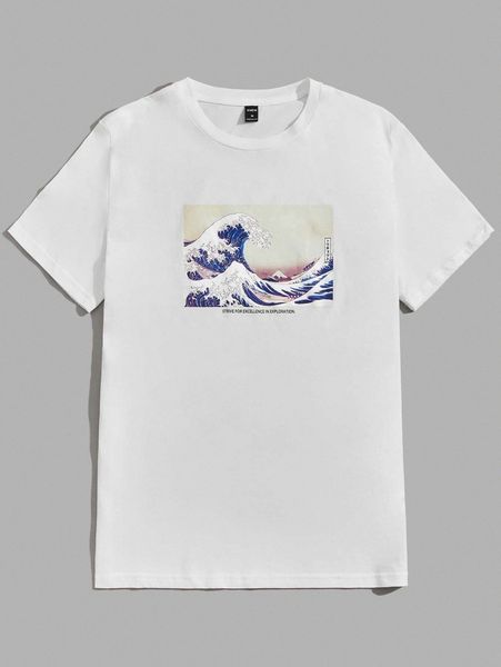 

men japanese slogan & wave print tee l8qs#, White;black