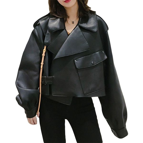 

ailegogo women faux leather jacket soft loose vintage biker coat short pockets motor pu black jacket autumn street leather coat lj201021