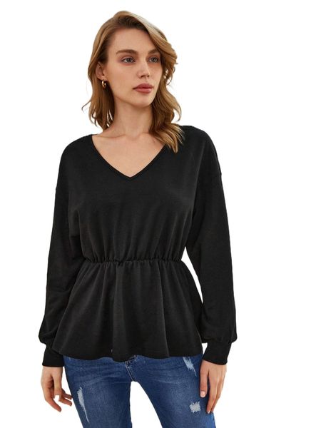 

drop shoulder peplum hem pullover d71e#, Black