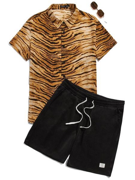 

men tiger skin print shirt & patch detail shorts n5u1#, Gray