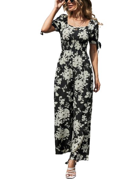 

floral shirred waist knot sleeve square neck jumpsuit l84l#, Black;white