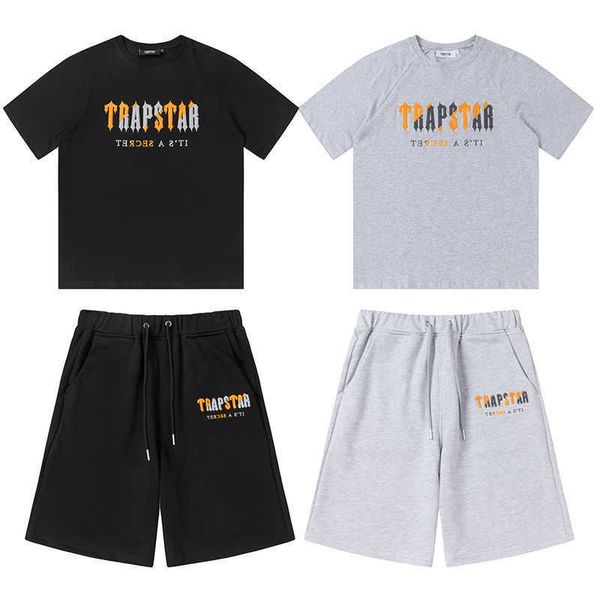 

men fashion designer european and american fashion brand trapstars orange gray towel embroidered short sleeved shorts set drip wear