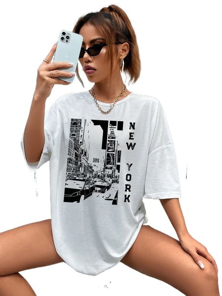 

building & letter graphic drop shoulder tee h3fd#, White