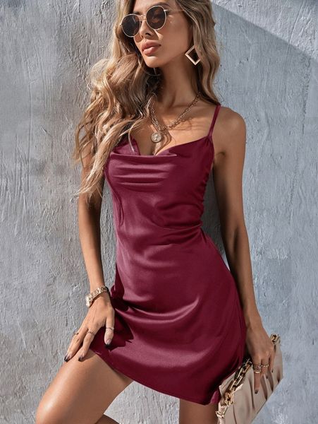 

satin solid cowl neck cami dress b1ho#, Black;gray