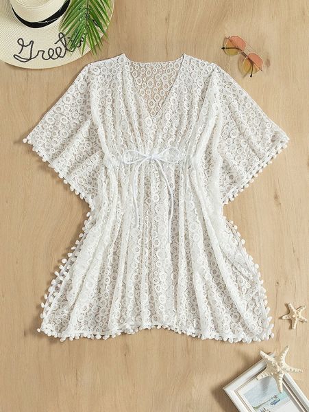 

pompom sheer mesh cover up e7bs#, White;black