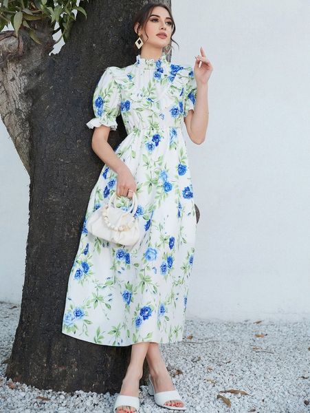 

floral print shirred mock neck flounce sleeve dress t0uc#, Black;gray