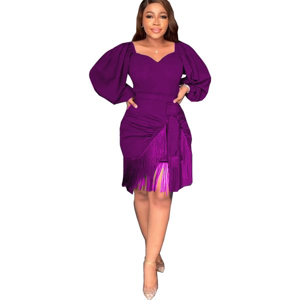 

casual dresses autumn natural solid color long sleeve fringe dress, Black;gray