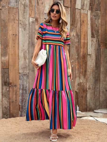 

striped ruffle hem babydoll dress h3ev#, Black;gray