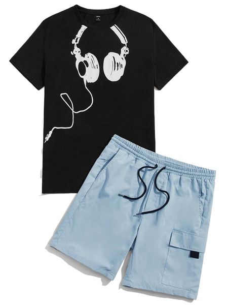 

men ear cuffs print & patched pocket drawstring waist shorts i4tp#, Gray