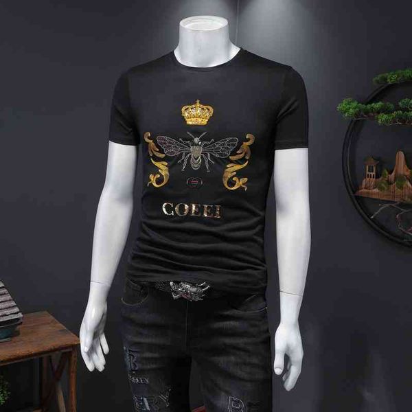 

men's fashion personality trend new short-sleeved brand wholesale 2022 summer quality short sleeve t-shirt round neck slim fit casual e, White;black