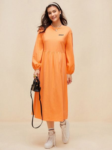 

neon orange lantern sleeve letter graphic dress b5pj#, Black;gray