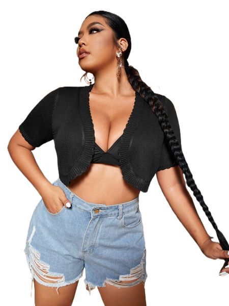 

plus scallop trim duster cardigan r3c9#, Black