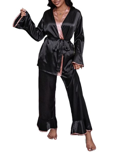 

contrast trim flounce sleeve ruffle hem belted pj set r66s#, Black;red
