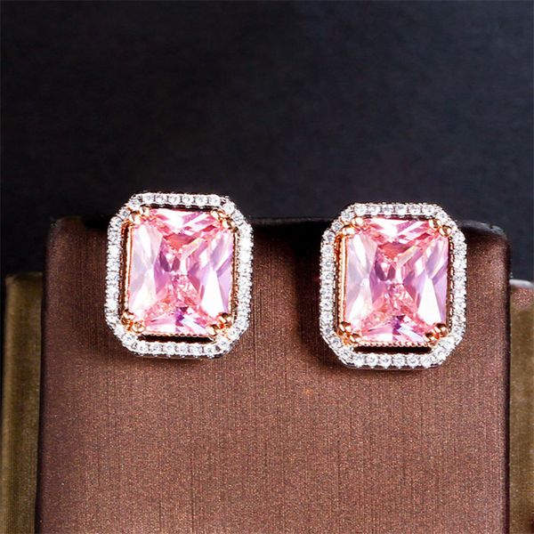 

exquisite princess rectangle stud earrings aaa cubic zirconia designer earring copper jewelry pink full diamond earring for woman gift luxur, Golden;silver