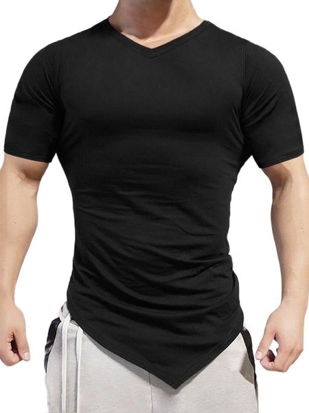 

men solid ruched asymmetrical hem tee v05z#, White;black
