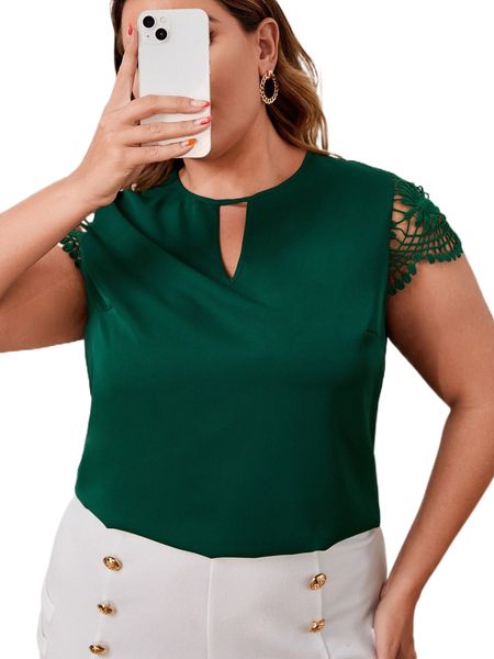 

plus keyhole neckline guipure lace panel blouse 660b#, Black