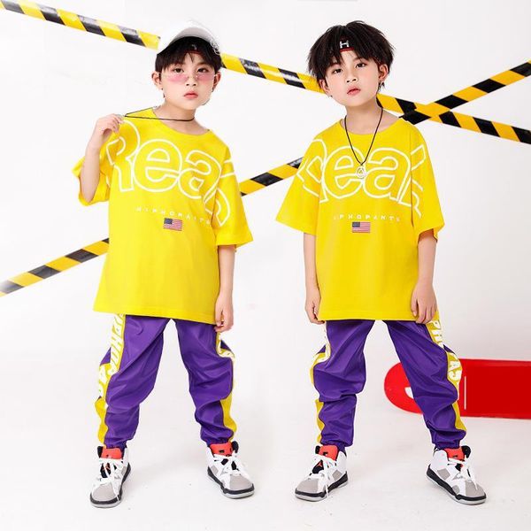 Стадия носить желтые девочки мальчики хип -хоп танцевальная одежда для детских джазовых бальных танцев костюмы
